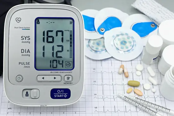 Tansiyon ölçüm cihazı, ilaç şişeleri ve EKG grafiği — kalp damar sağlığı