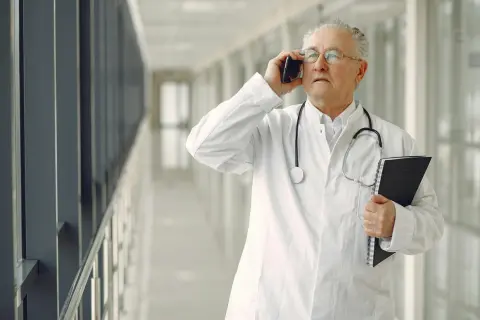Olgun doktor klinik koridorunda — geriatri